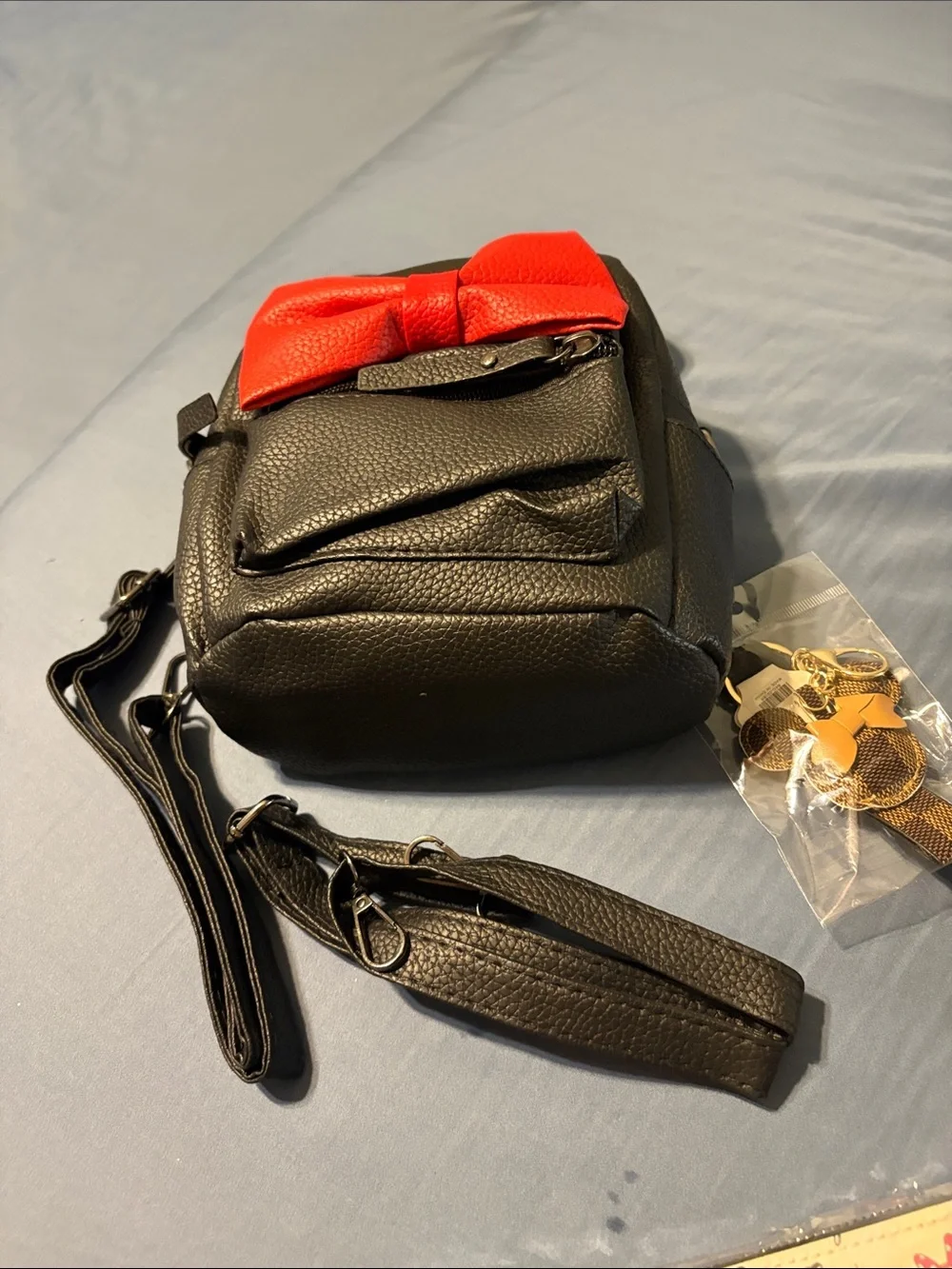Black Mini Backpack nwot with Red Bow, purse charm and Mickey and Co  wallet nwt